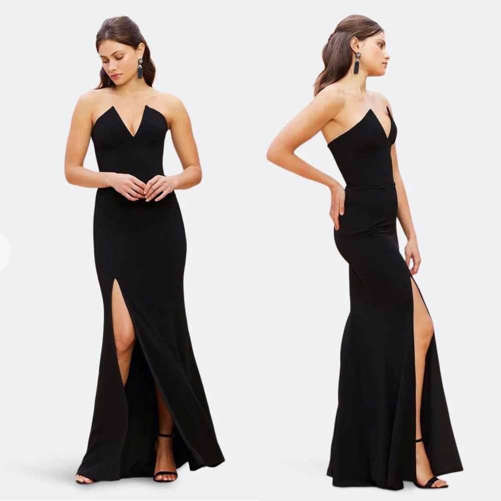NEW Dress the Population Fernanda Black Strapless Gown Sz XS High Slit V-Neck